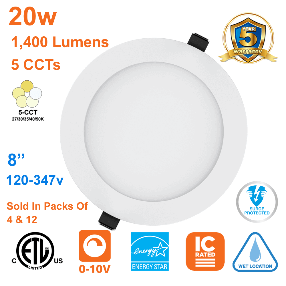 Thin LED Pot Light 8 Inch Downlight 20watts 1400 Lumens 5CCT 120-347v cETL Dimmable 1