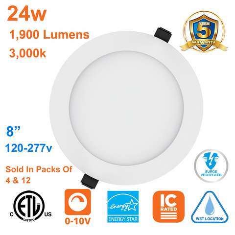 Thin LED Pot Light 8 Inch Downlight 24watts 1900 Lumens 3000k 120-277v cETL Dimmable 1
